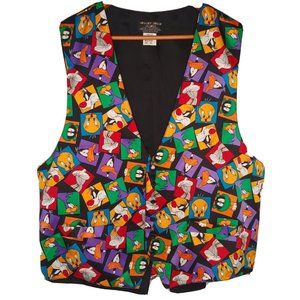 Vintage Looney Tunes Mens XL Silk Vest Mania Cartoon Print Daffy Bugs Retro